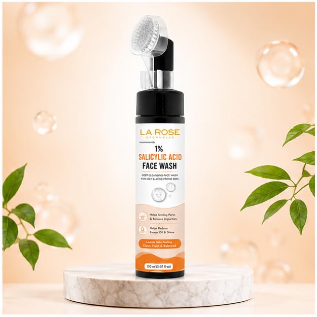 LA ROSE ETERNELLE 1% Salicylic Acid Face Wash with Soft Silicone Brush Applicator, Deep Cleansing Face Cleanser for Oily & Acne-Prone Skin, Daily Use Face Wash, 150 ml
