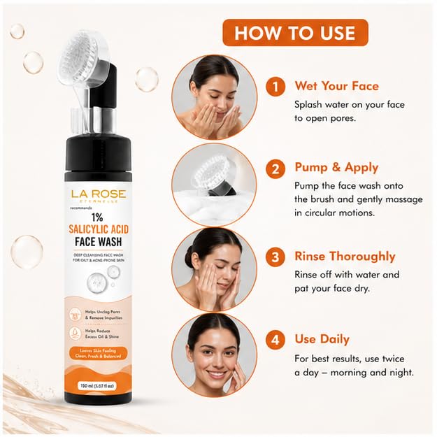 LA ROSE ETERNELLE 1% Salicylic Acid Face Wash with Soft Silicone Brush Applicator, Deep Cleansing Face Cleanser for Oily & Acne-Prone Skin, Daily Use Face Wash, 150 ml
