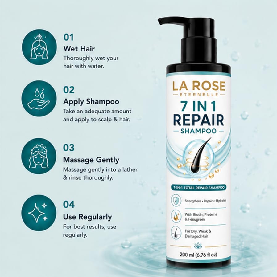 LA ROSE ETERNELLE 7 in 1 Repair Shampoo for Dry, Weak & Damaged Hair, Strengthens Repairs & Hydrates, Smooth & Manageable Hair, 200 ml