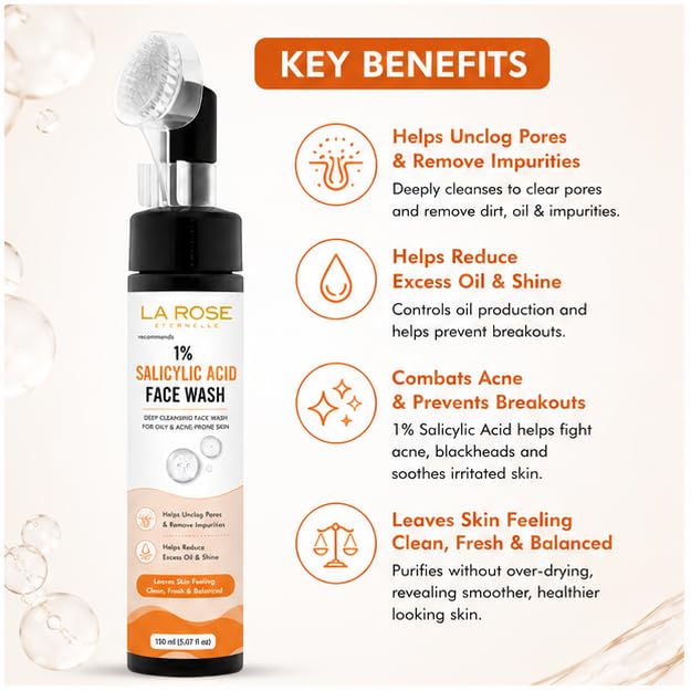 LA ROSE ETERNELLE 1% Salicylic Acid Face Wash with Soft Silicone Brush Applicator, Deep Cleansing Face Cleanser for Oily & Acne-Prone Skin, Daily Use Face Wash, 150 ml