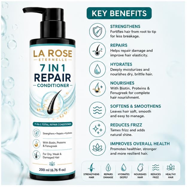 LA ROSE ETERNELLE 7 In 1 Repair Conditioner with Biotin Proteins & Fenugreek Hair Conditioning Formula for Dry Weak & Damaged Hair 200 ml