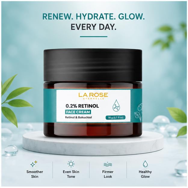 LA ROSE ETERNELLE Retinol 0.2% Face Cream with Bakuchiol | Anti Aging Face Moisturizer for Men & Women | Daily Facial Cream for Smoother Looking Skin | 50 g