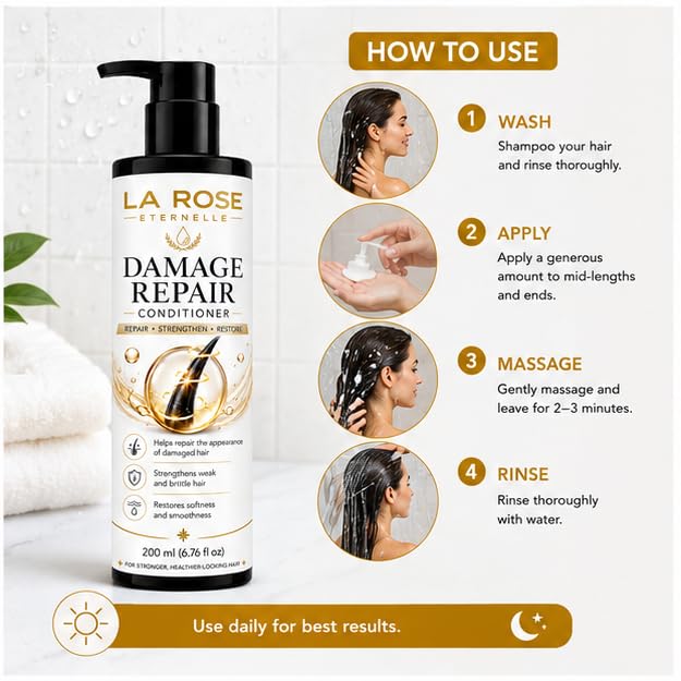 LA ROSE ETERNELLE Damage Repair Conditioner for Dry & Damaged Hair Hair Strengthening Conditioner Smooth & Soft Hair Care Formula 200 ml