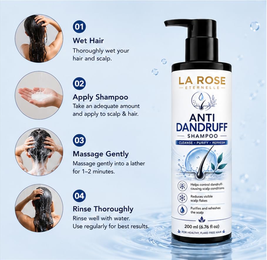 LA ROSE ETERNELLE Anti Dandruff Shampoo for Itchy Flaky Stubborn Hair, All Hair Types, 200ml (6.76 fl oz)