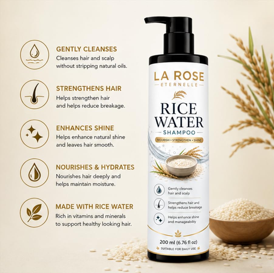 LA ROSE ETERNELLE Rice Water Shampoo for All Hair Types, Repair Bond Strength, Prevents Hair Fall, 200ml