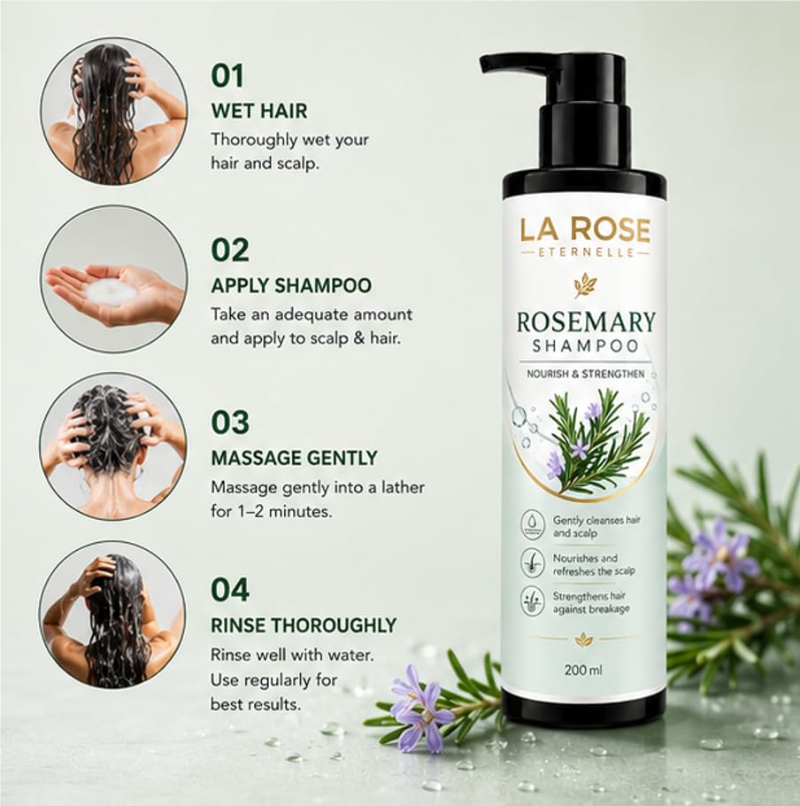 LA ROSE ETERNELLE Rosemary Shampoo, Anti Hair Fall, Frizz-Free, Split Ends Treatment, All Hair Types, 200ml