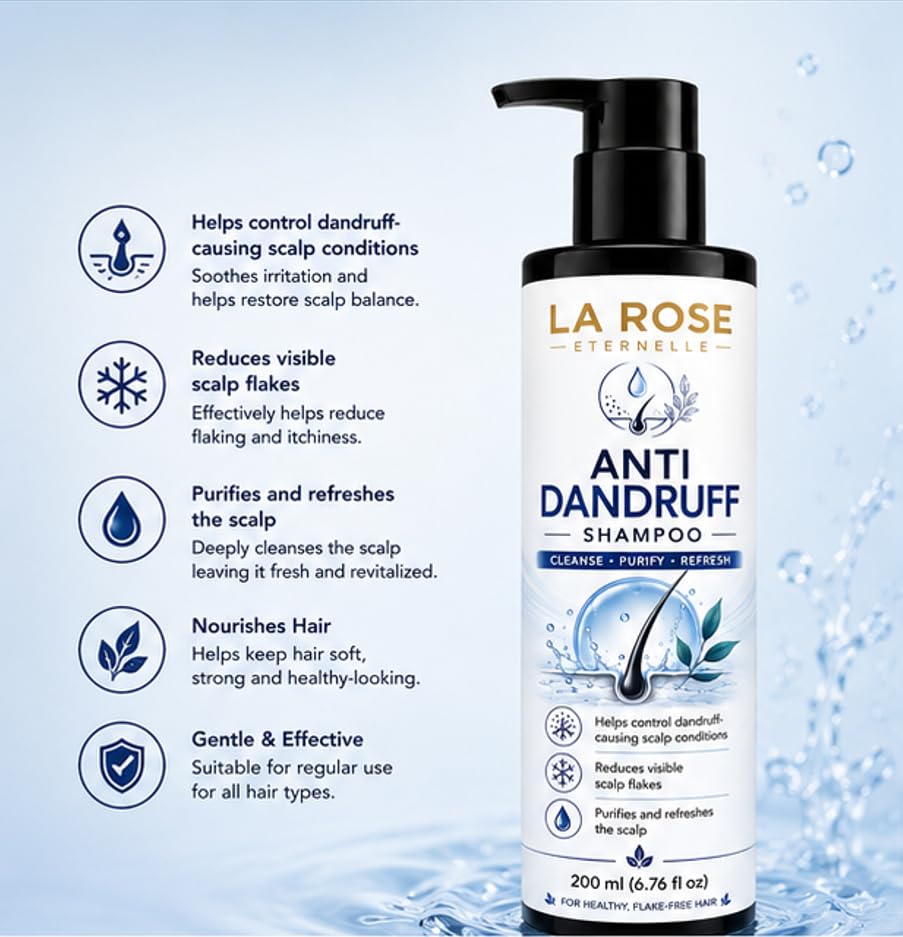 LA ROSE ETERNELLE Anti Dandruff Shampoo for Itchy Flaky Stubborn Hair, All Hair Types, 200ml (6.76 fl oz)