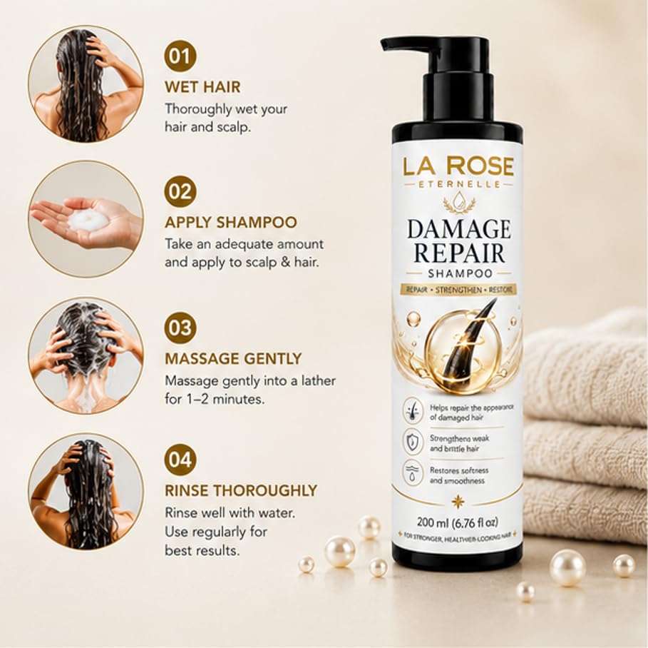 LA ROSE ETERNELLE Damage Repair Shampoo for All Hair Types, Dry and Frizzy Hair Treatment, Smooths Hair, Boosts Growth, 200ml