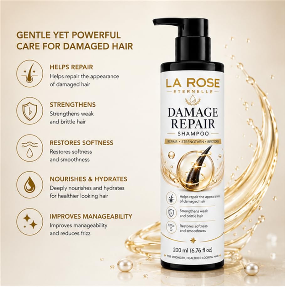 LA ROSE ETERNELLE Damage Repair Shampoo for All Hair Types, Dry and Frizzy Hair Treatment, Smooths Hair, Boosts Growth, 200ml