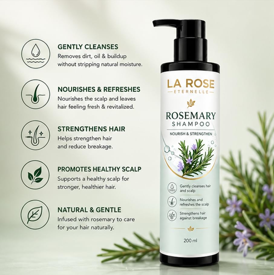 LA ROSE ETERNELLE Rosemary Shampoo, Anti Hair Fall, Frizz-Free, Split Ends Treatment, All Hair Types, 200ml