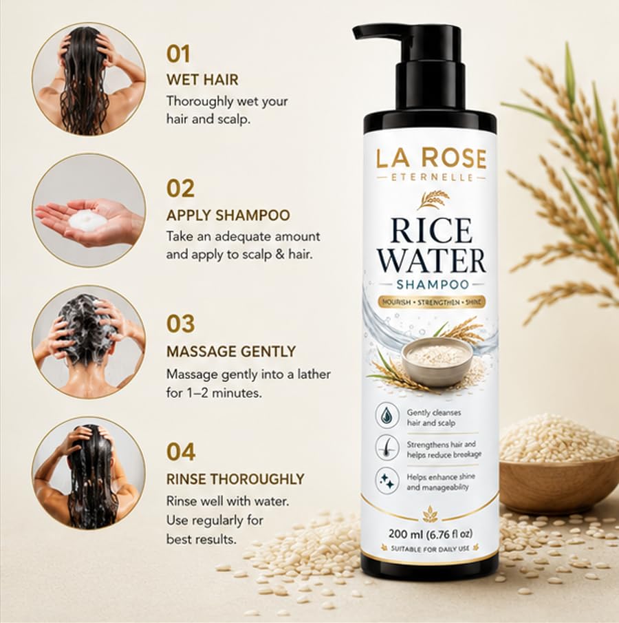 LA ROSE ETERNELLE Rice Water Shampoo for All Hair Types, Repair Bond Strength, Prevents Hair Fall, 200ml