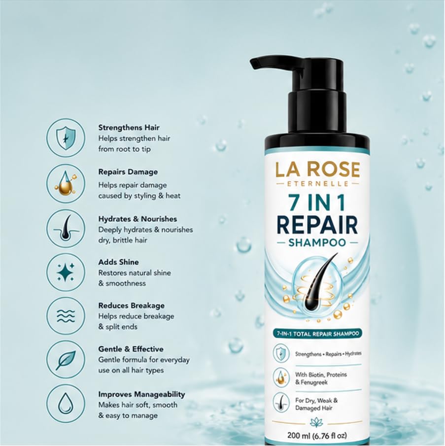 LA ROSE ETERNELLE 7 in 1 Repair Shampoo for Dry, Weak & Damaged Hair, Strengthens Repairs & Hydrates, Smooth & Manageable Hair, 200 ml