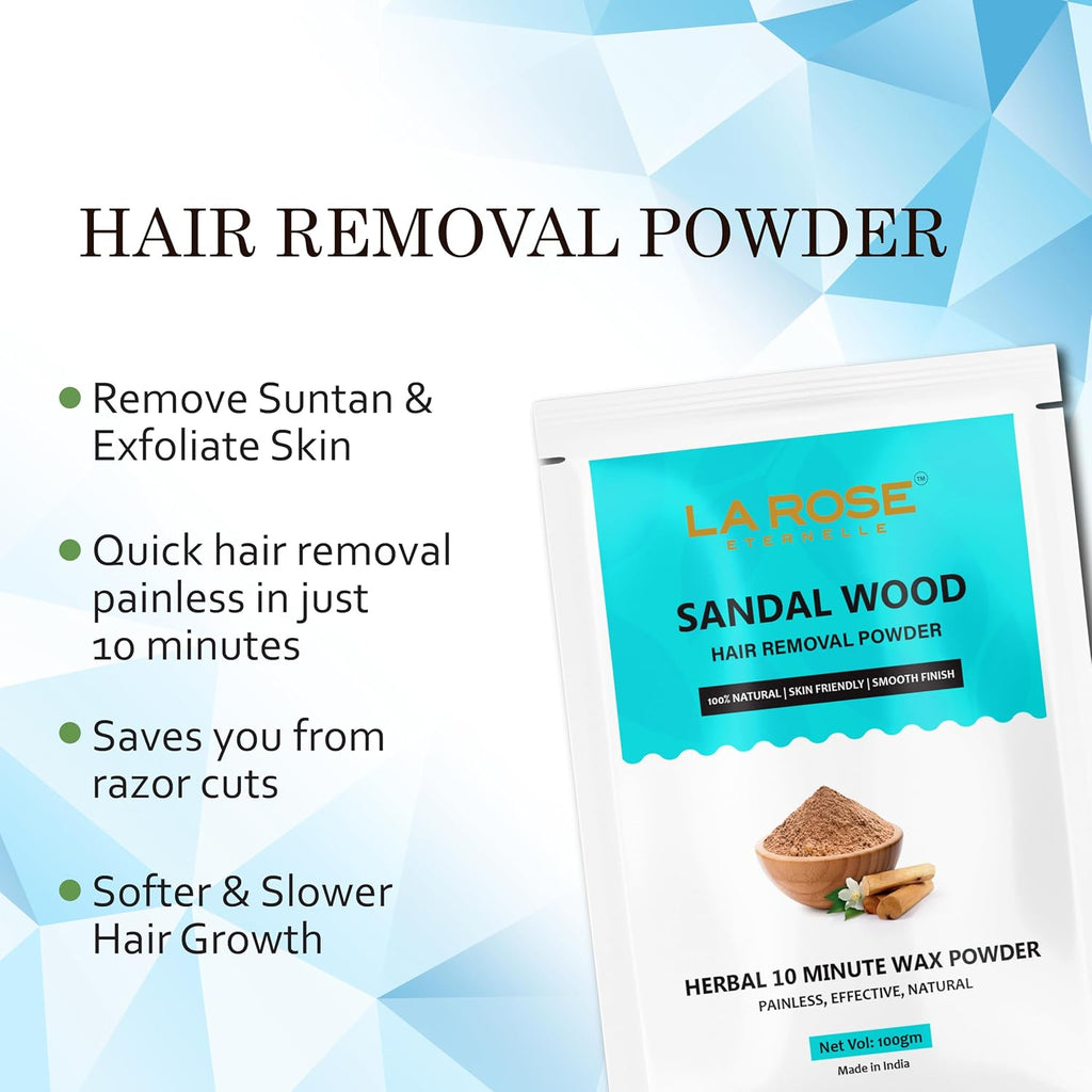 LA ROSE ETERNELLE Sandalwood Hair Removal Powder, Herbal Wax Powder, 10 Minute Painless Hair Removal, 100% Natural, 100gm