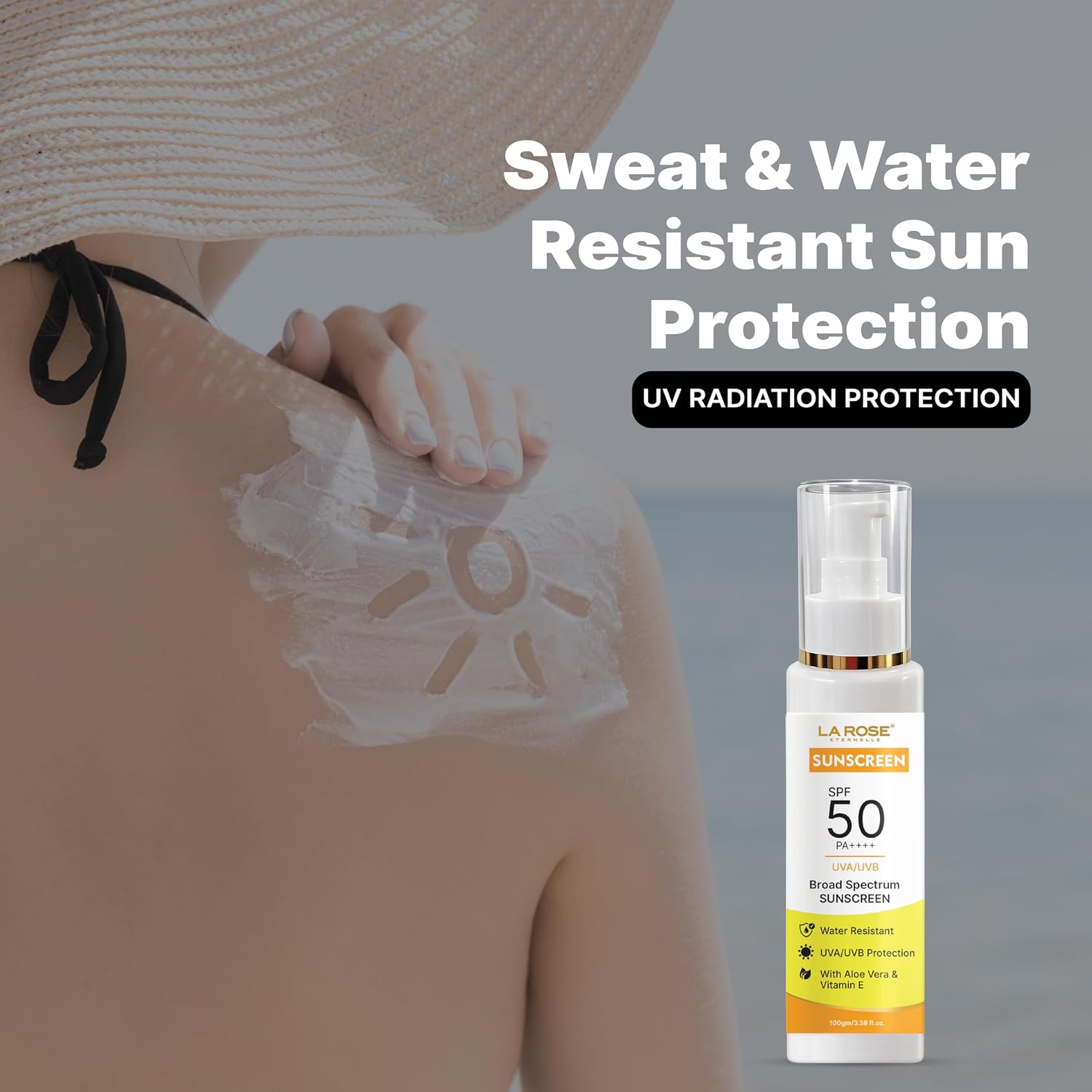 LA ROSE ETERNELLE Sunscreen SPF 50 PA++++, Broad Spectrum UVA/UVB Protection, Water Resistant, with Aloe Vera & Vitamin E (100 GM)