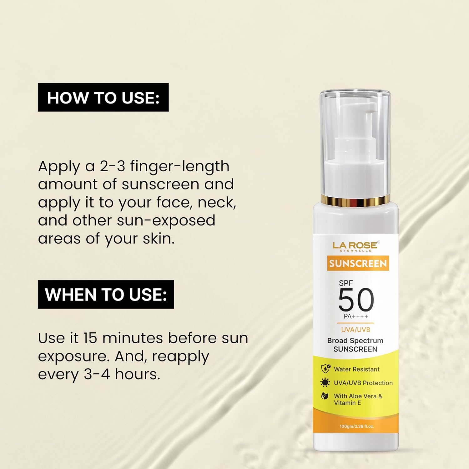 LA ROSE ETERNELLE Sunscreen SPF 50 PA++++, Broad Spectrum UVA/UVB Protection, Water Resistant, with Aloe Vera & Vitamin E (100 GM)
