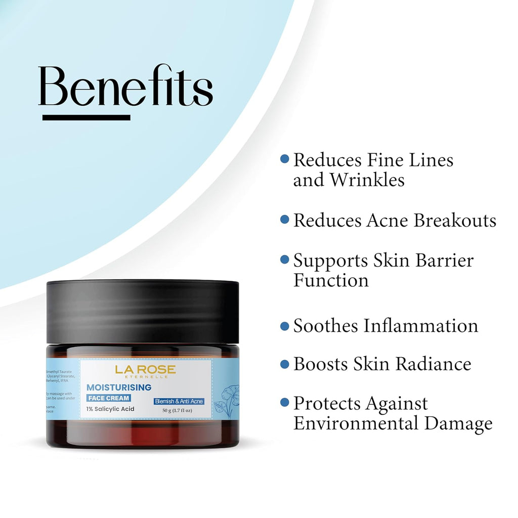 LA ROSE ETERNELLE Moisturising Face Cream with 1% Salicylic Acid Daily Facial Moisturizer for Men & Women Lightweight Hydrating Formula 50 g