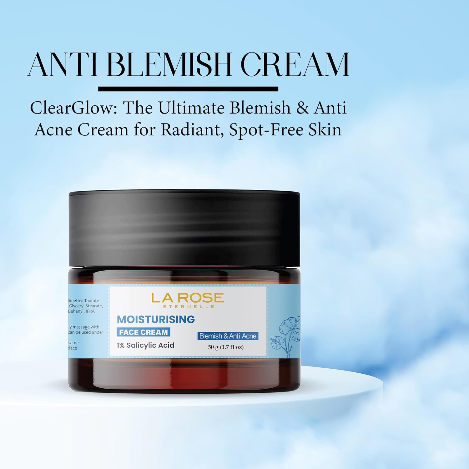 LA ROSE ETERNELLE Moisturising Face Cream with 1% Salicylic Acid Daily Facial Moisturizer for Men & Women Lightweight Hydrating Formula 50 g