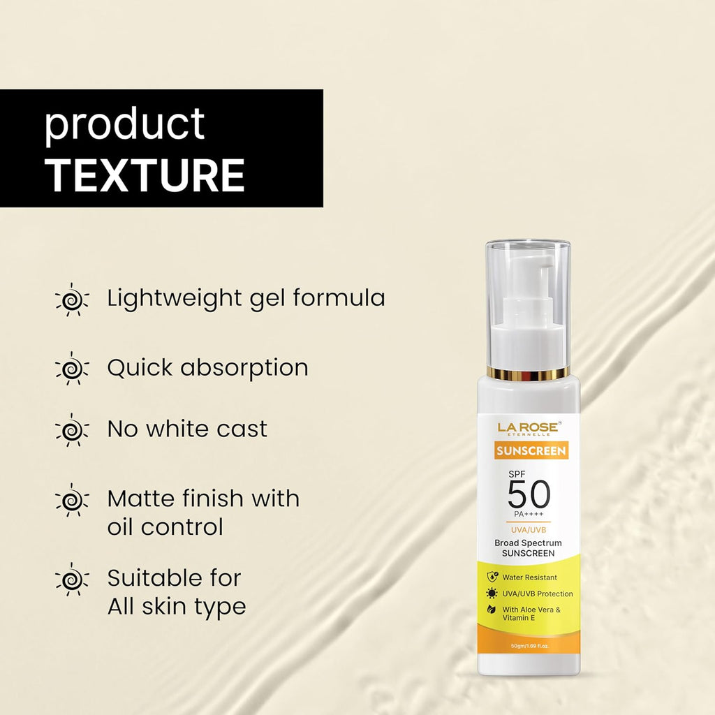 LA ROSE ETERNELLE Sunscreen SPF 50 PA++++, Broad Spectrum UVA/UVB Protection, Water Resistant, with Aloe Vera & Vitamin E (50 GM)