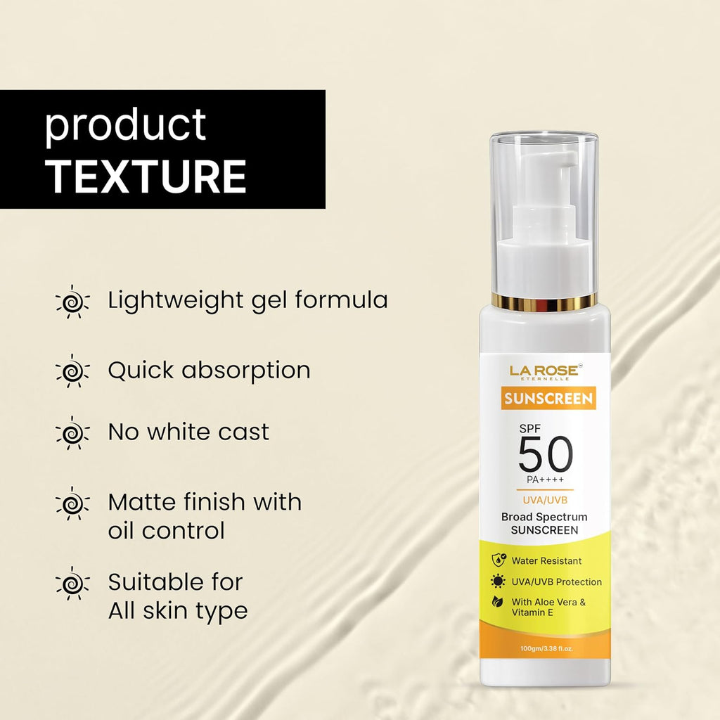 LA ROSE ETERNELLE Sunscreen SPF 50 PA++++, Broad Spectrum UVA/UVB Protection, Water Resistant, with Aloe Vera & Vitamin E (100 GM)