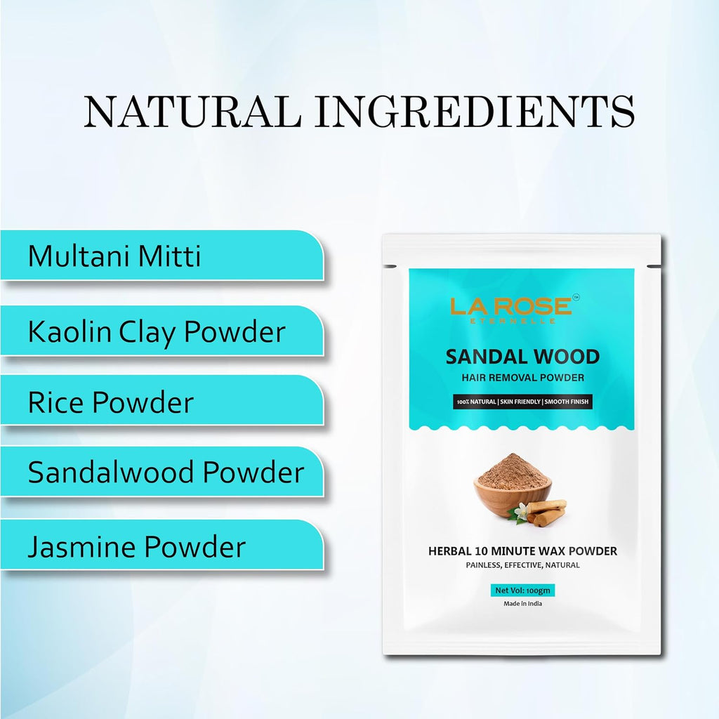 LA ROSE ETERNELLE Sandalwood Hair Removal Powder, Herbal Wax Powder, 10 Minute Painless Hair Removal, 100% Natural, 100gm