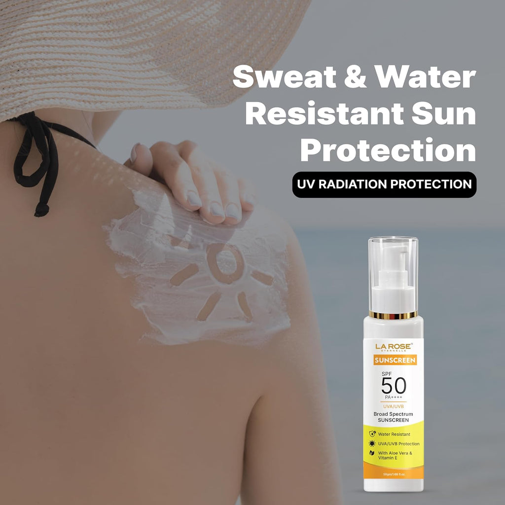 LA ROSE ETERNELLE Sunscreen SPF 50 PA++++, Broad Spectrum UVA/UVB Protection, Water Resistant, with Aloe Vera & Vitamin E (50 GM)