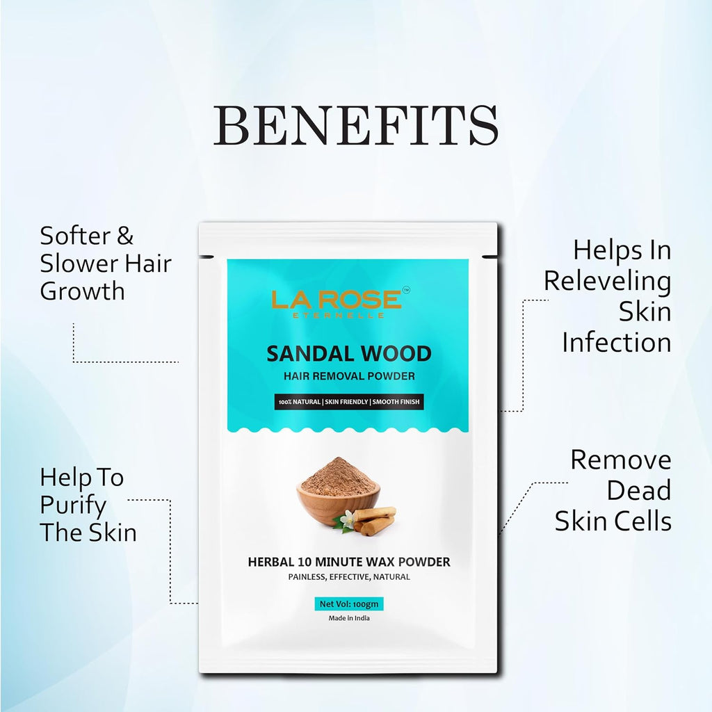 LA ROSE ETERNELLE Sandalwood Hair Removal Powder, Herbal Wax Powder, 10 Minute Painless Hair Removal, 100% Natural, 100gm