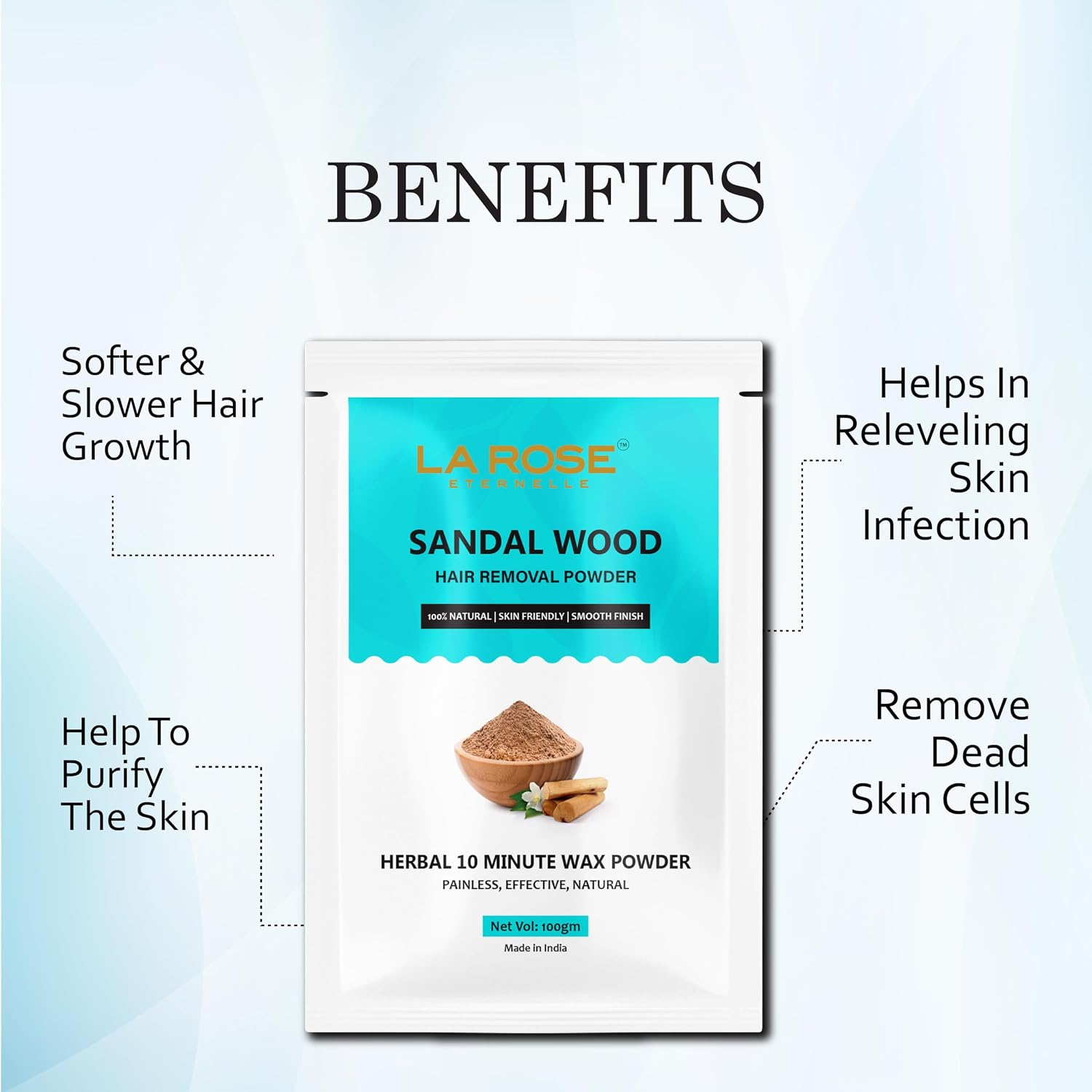 LA ROSE ETERNELLE Sandalwood Hair Removal Powder, Herbal Wax Powder, 10 Minute Painless Hair Removal, 100% Natural, 100gm