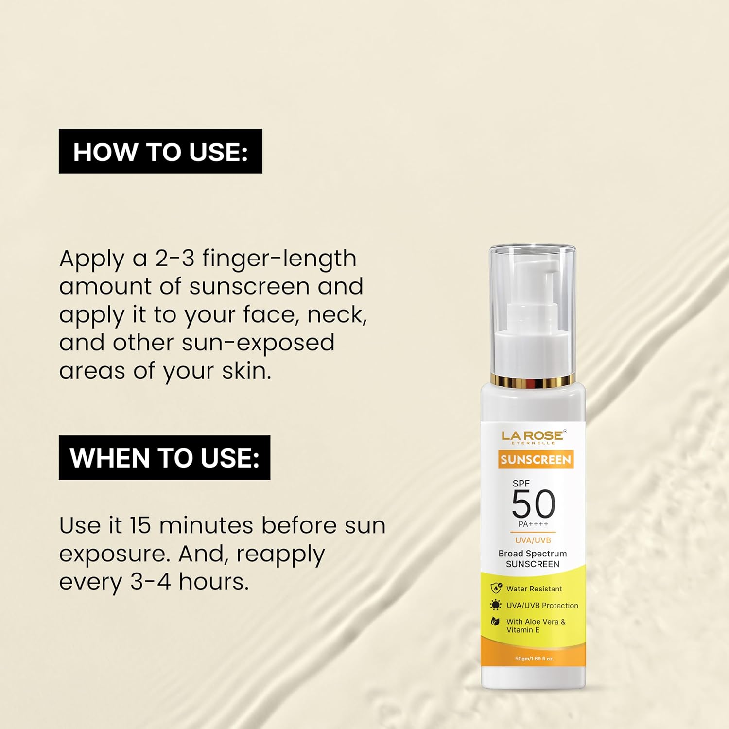 LA ROSE ETERNELLE Sunscreen SPF 50 PA++++, Broad Spectrum UVA/UVB Protection, Water Resistant, with Aloe Vera & Vitamin E (50 GM)