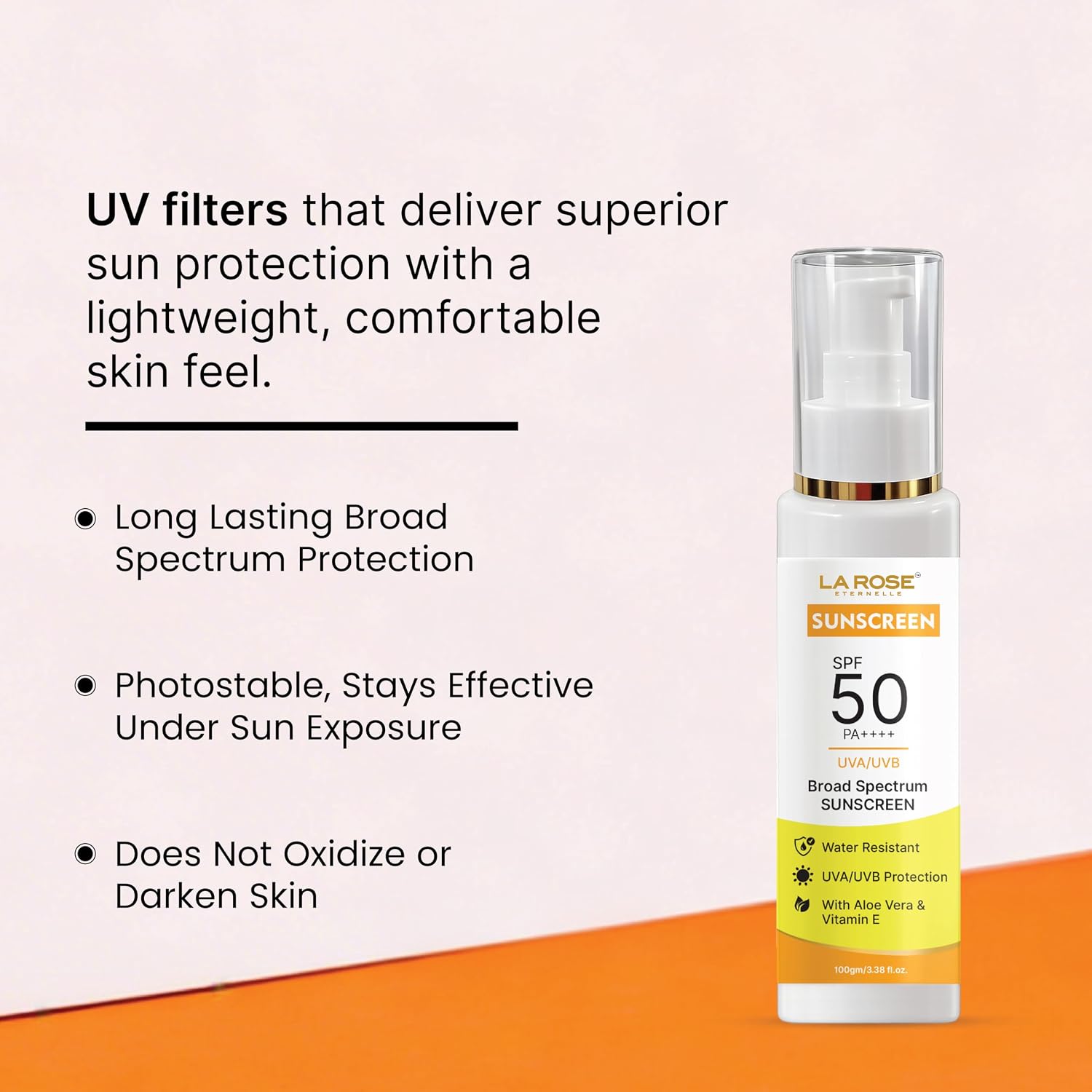 LA ROSE ETERNELLE Sunscreen SPF 50 PA++++, Broad Spectrum UVA/UVB Protection, Water Resistant, with Aloe Vera & Vitamin E (100 GM)