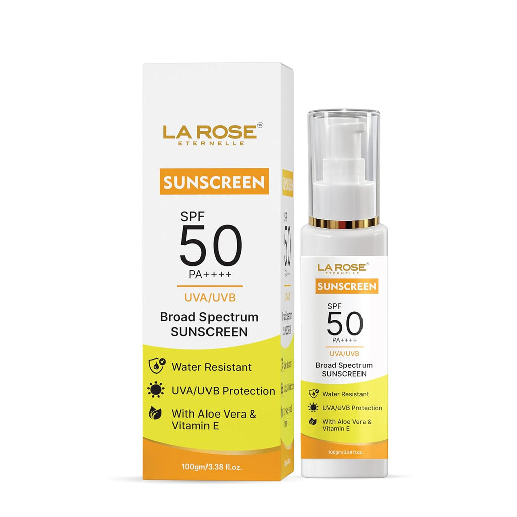 LA ROSE ETERNELLE Sunscreen SPF 50 PA++++, Broad Spectrum UVA/UVB Protection, Water Resistant, with Aloe Vera & Vitamin E (100 GM)