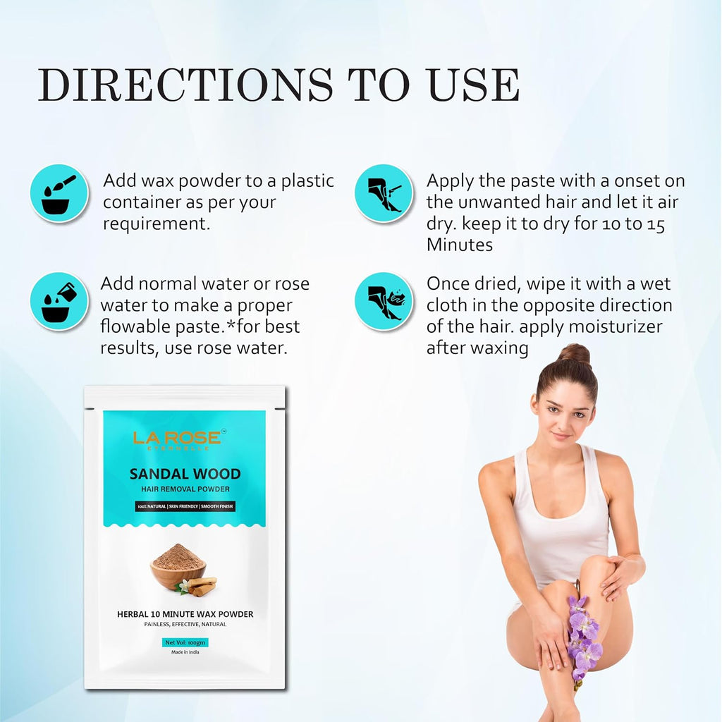 LA ROSE ETERNELLE Sandalwood Hair Removal Powder, Herbal Wax Powder, 10 Minute Painless Hair Removal, 100% Natural, 100gm